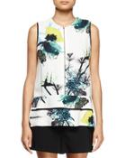 Sleeveless Ikebana-print Blouse, White/blue/green
