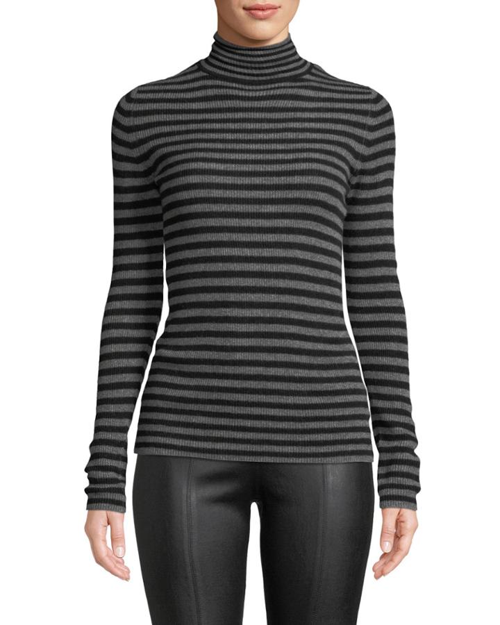 Striped Cashmere Ribbed Turtleneck Top