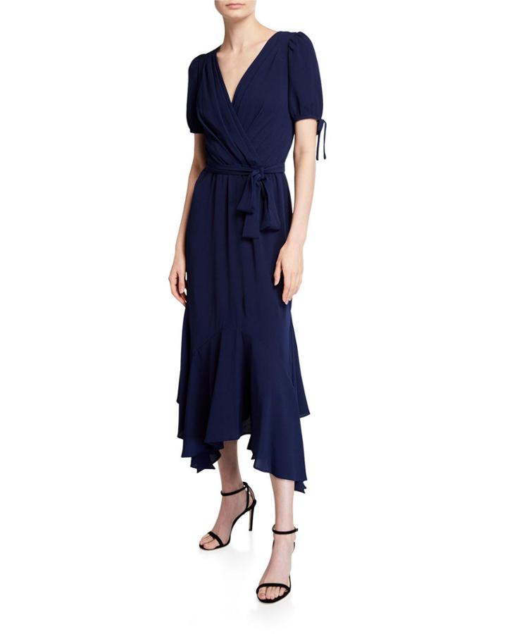 Puff-sleeve Asymmetric Faux-wrap Dress