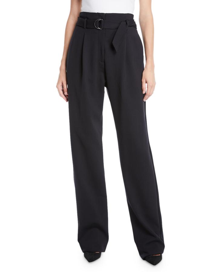 Belted High-waist Straight-leg Crepe Pants
