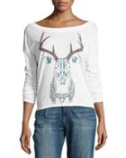 Painted Deer-graphic Long-sleeve Top, White