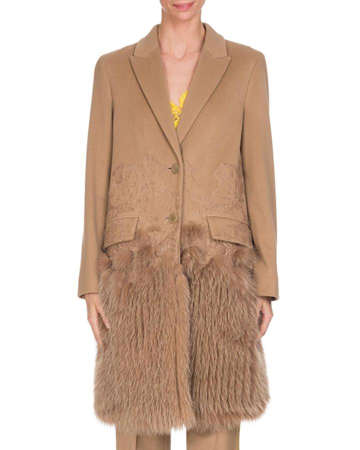 Wool-cashmere Lace Single-breasted Coat With Fur Hem, Camel