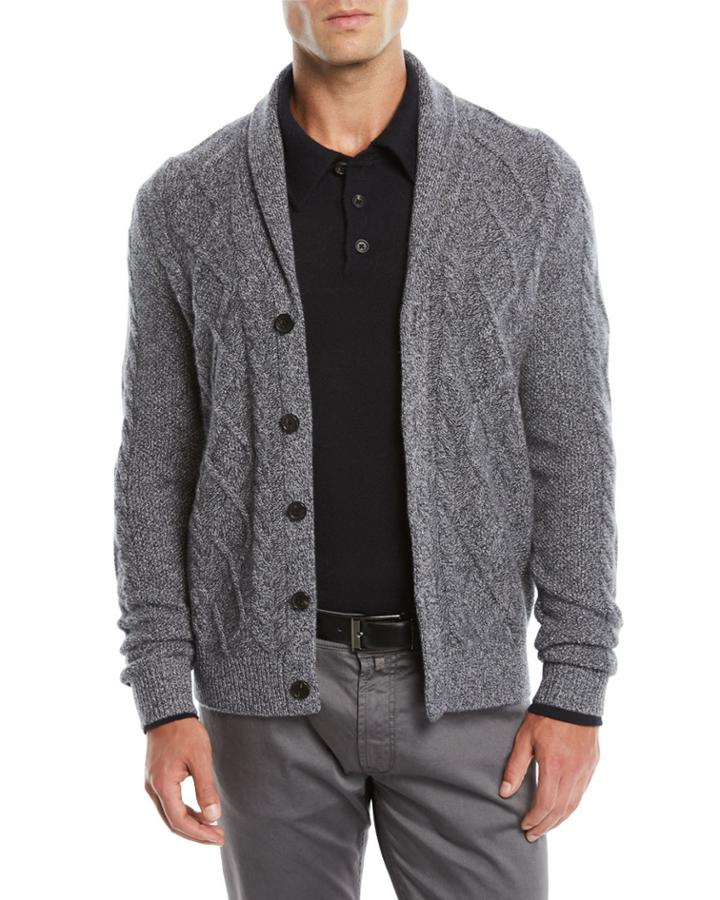 Men's Textured Cable-knit Shawl-collar Cashmere Cardigan