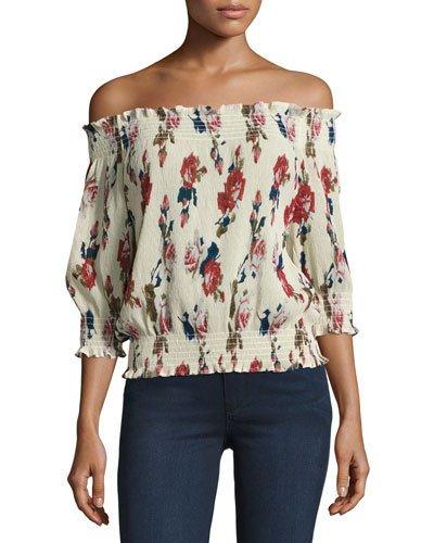 Floral-chiffon Off-the-shoulder Blouse,