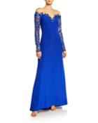 Sheer Yoke Crepe Illusion Gown With Sequin