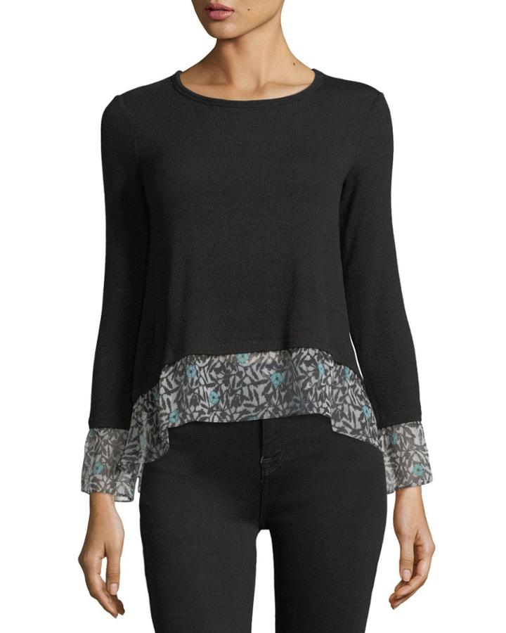 Taiko Crewneck Knit Top With Printed Chiffon Hem