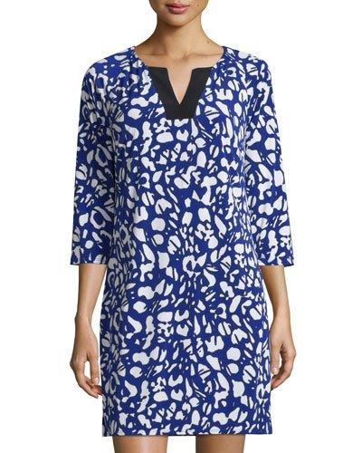 3/4-sleeve Printed Jersey Dress, Jubilee Blue