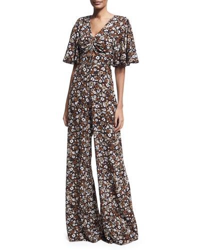Floral Palazzo Jumpsuit, Brown Pattern