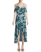 V-neck Sleeveless Floral-print Garden-party Dress W/ High-low Hem