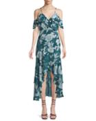 V-neck Sleeveless Floral-print Garden-party Dress W/ High-low Hem