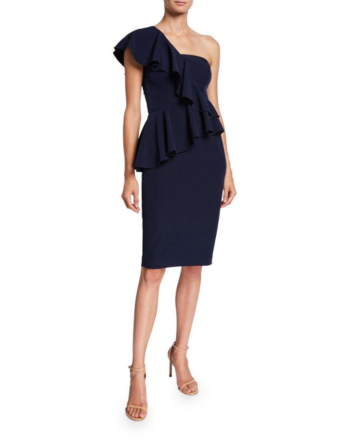 Waterfall One-shoulder Ruffle Cocktail Dress