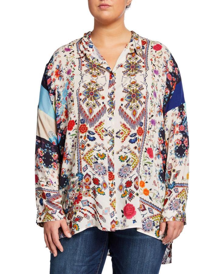 Plus Size Miya Mixed-print Button-down Long-sleeve Blouse