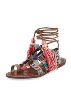 Gretchen Embroidered Flat Sandal, Light Brown