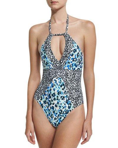 Tropic Spots One-piece Halter-neck Swimsuit, Blue Pattern