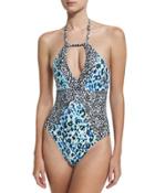 Tropic Spots One-piece Halter-neck Swimsuit, Blue Pattern