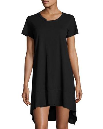 Short-sleeve Cotton High-low Dress, Black