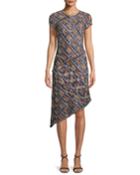 Painterly Multi-tweed Knit Asymmetric Fringe Dress