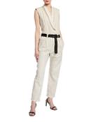Belted Sequined-lapel Linen-cotton Jumpsuit