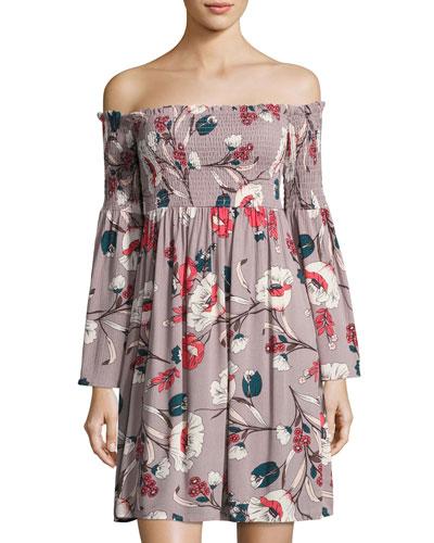 Off-the-shoulder Smocked Dress, Purple Pattern