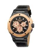 Men's 45mm Stainless Steel Chronograph Watch With Calfskin Leather Strap, Rose/black