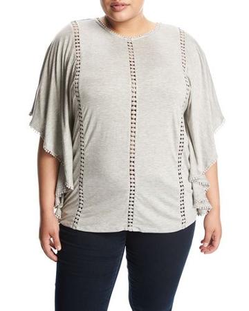 Lace-inset Jersey Poncho, Gray,