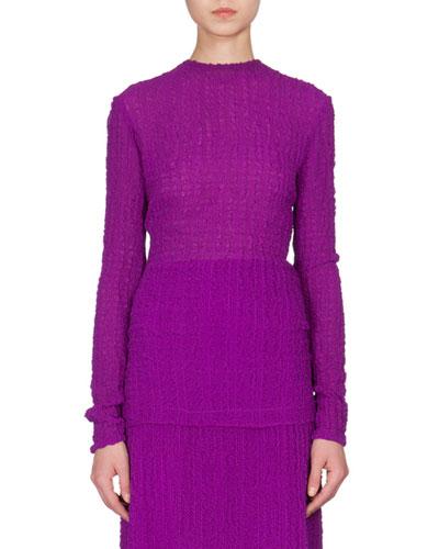 Textured Bubble Seersucker Long-sleeve Top, Plum