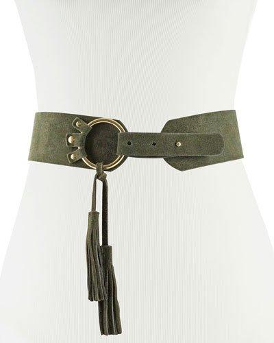Tasseled Suede Pullback Belt, Olive