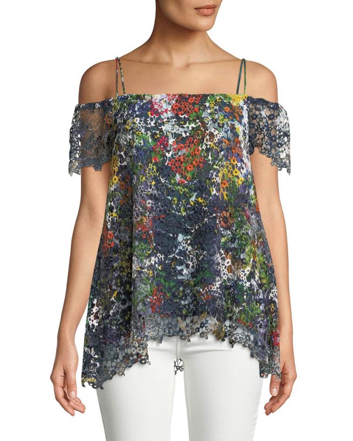 Circle-lace Cold-shoulder Blouse, Navy