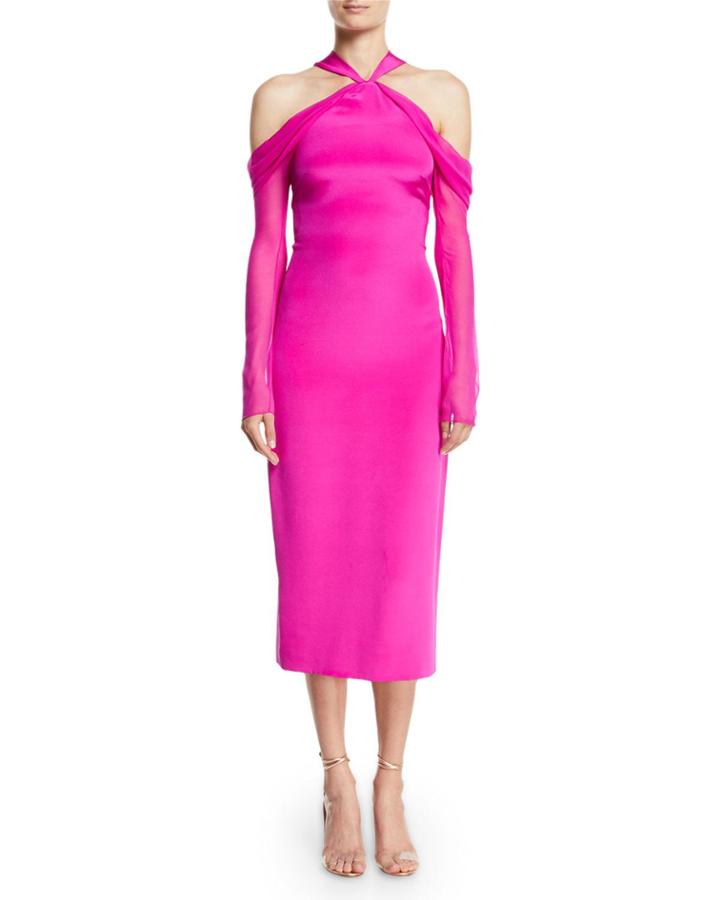 Halter-neck Pencil Tea-length Cocktail Dress W/ Chiffon