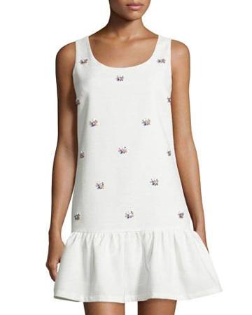 Jeweled Dropped-waist Sleeveless Dress, White