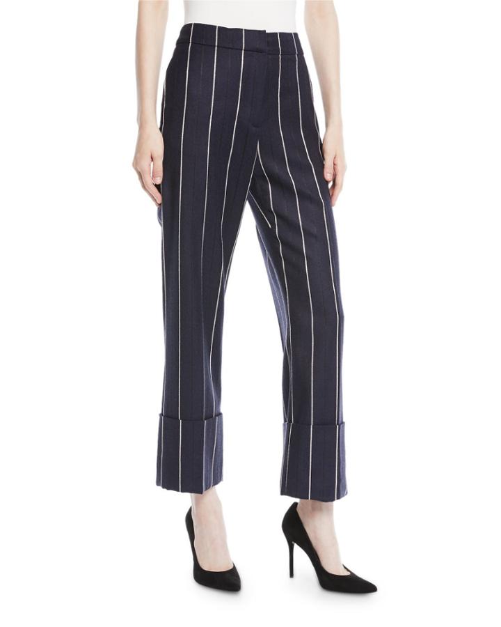 Straight-leg Cuffed Pinstripe Wool-blend Pants