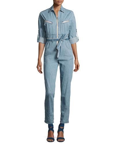 Polly Zip-front Chambray Jumpsuit, Blue