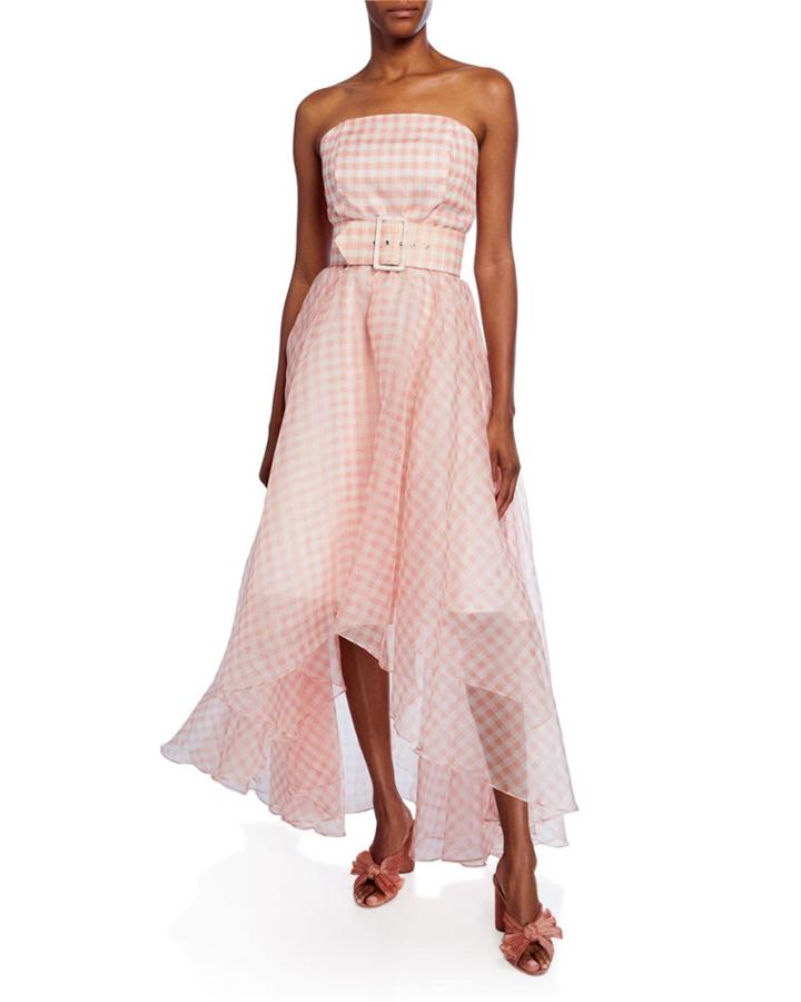 Dianora Checkered Strapless High-low Belted Gown