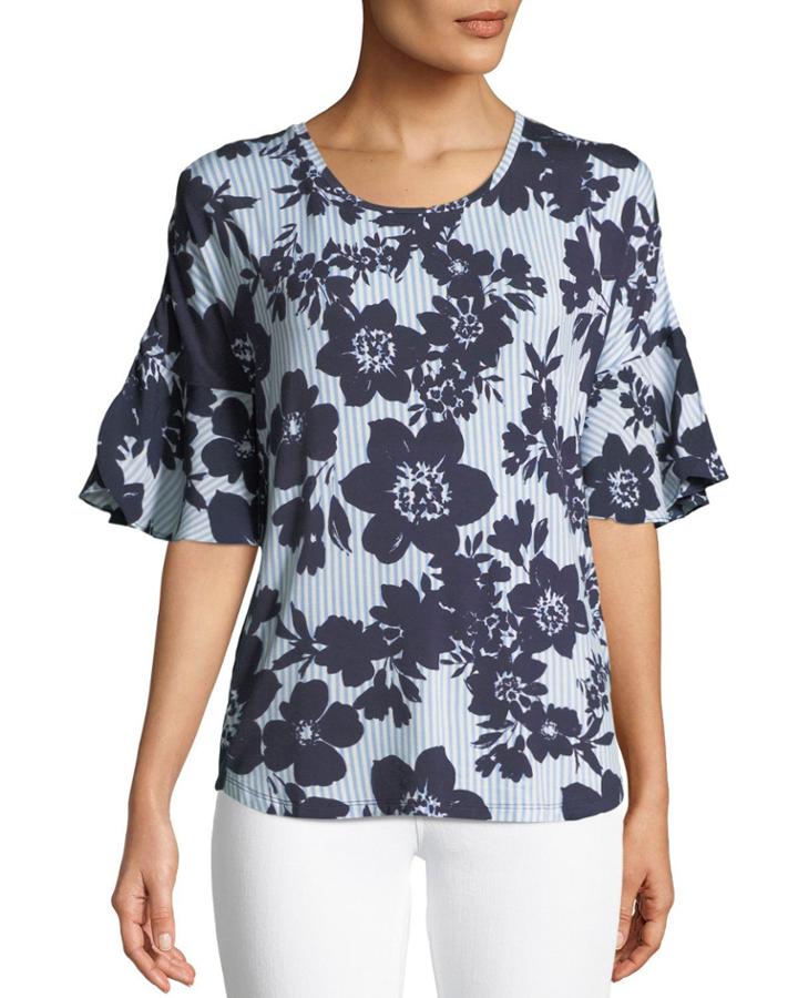 Striped & Floral Poplin Flare-sleeve Top