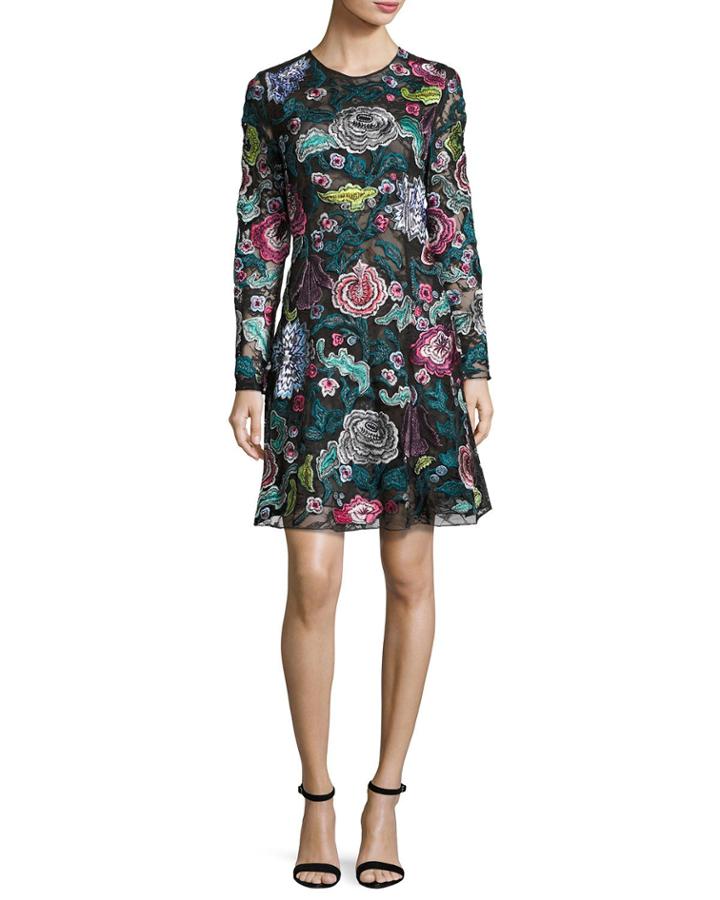 Embroidered Long-sleeve Dress, Black Pattern