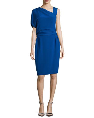 Draped One-sleeve Sheath Dress, Azure