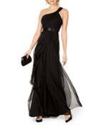 Draped One-shoulder Flutter Dress