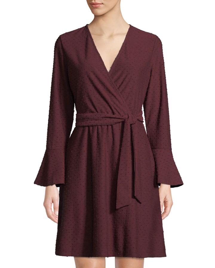 V-neck Bell-sleeve Clip Dot Surplice Dress W/ Belt