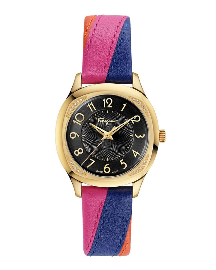 36mm Diamond-corner Watch W/ Two-tone Leather Strap, Gold/black