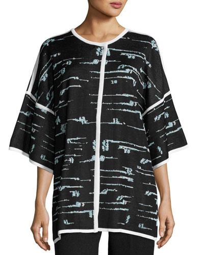 Contrast-trim Knit Long Jacket, Black/seafoam