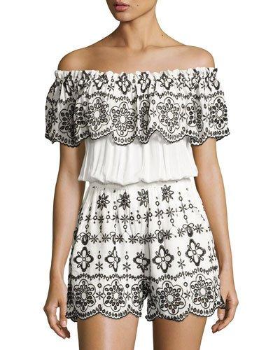 Julie Embroidered Off-the-shoulder Romper, White
