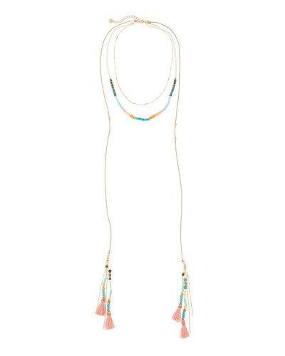 Long Beaded Layered Lariat Necklace, Peach