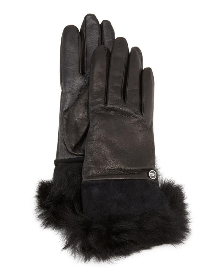 Quinn Leather Fur-cuff Tech Gloves, Black