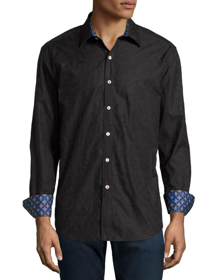 Robert Graham Woven Quatrefoil Sport Shirt, Black, Men's,