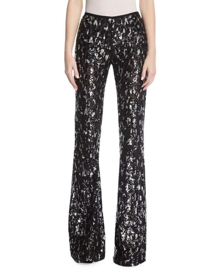Sequined Leopard Tulle Flare-leg Pants