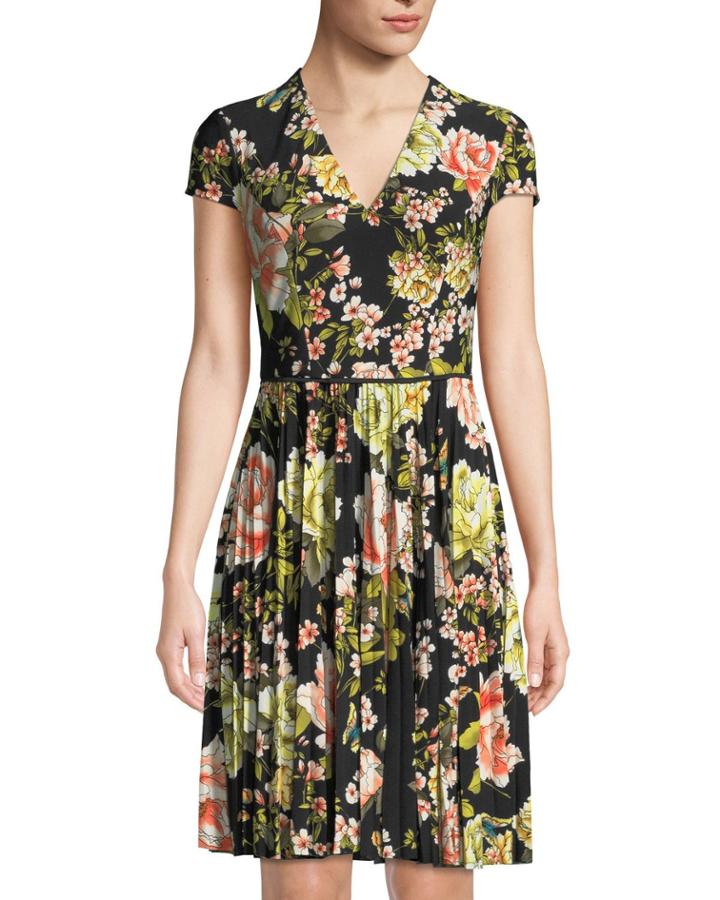 Pleated Cap-sleeve Floral Dress