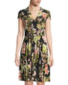 Pleated Cap-sleeve Floral Dress