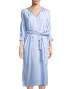 Embroidered Tie-neck Belted Striped
