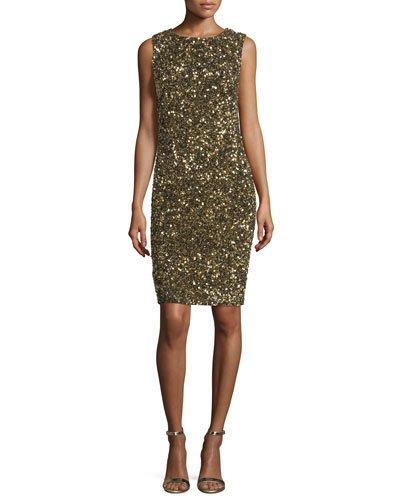 Sleeveless Sequin Cowl-back Cocktail Dress, Gold