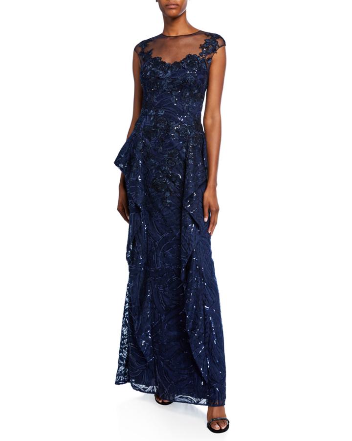 Sweetheart Illusion Cap-sleeve Sequin Lace Side-fall Peplum Gown